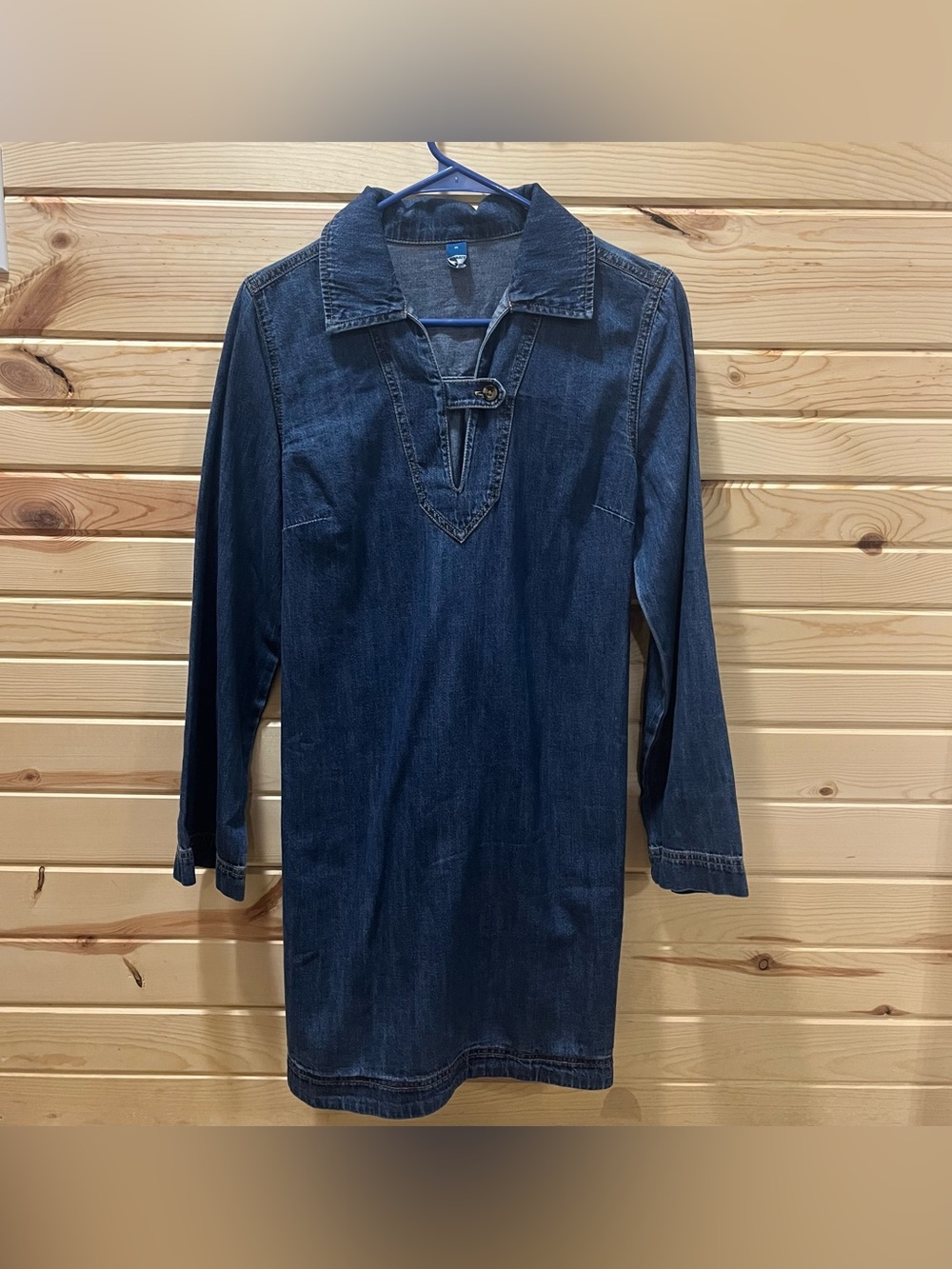 Denim Mini Dress Size Medium Dark Wash V-Neck Collar Long Sleeve - Picture 2 of 7